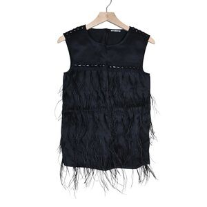 Walter Women's 100% Silk Pullover Blouse with Beads & Feathers in Black